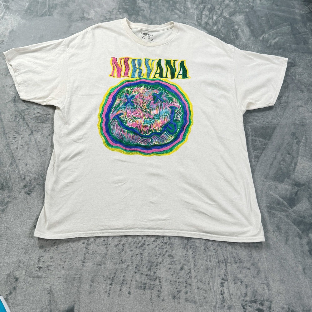 Nirvana Smiley Face Graphic T-Shirt Mens XL White Psychedelic Sketch Logo Cotton
